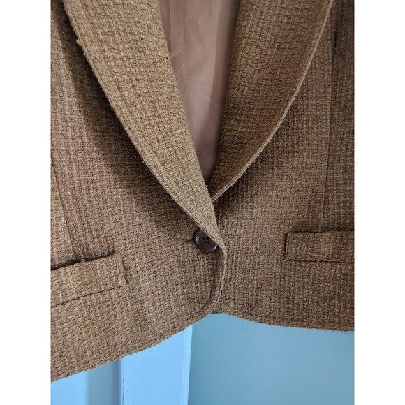 Vintage Doncaster 100% Silk Cropped Tweed One Button Blazer Jacket Sz 8 Tan Gold - Picture 5 of 10